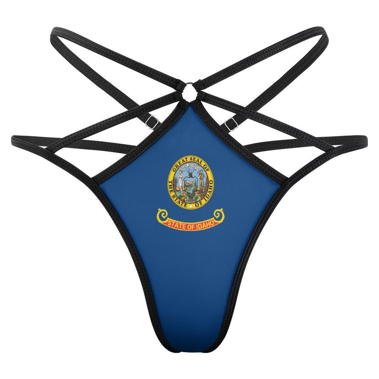 Black-strapped thong with Idaho state flag design, [Brand].