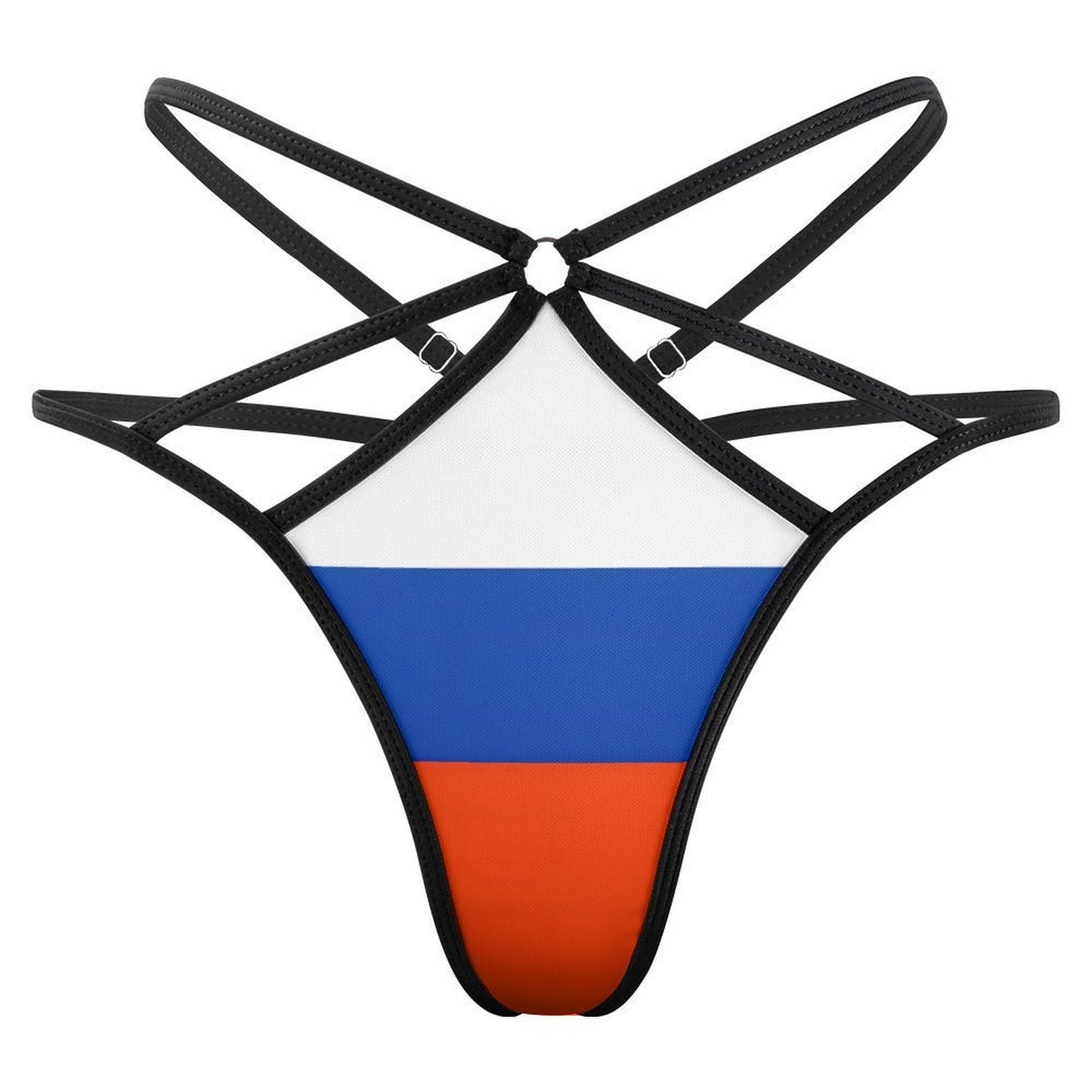 [Brand] strappy bikini bottom with Russian flag design pattern.