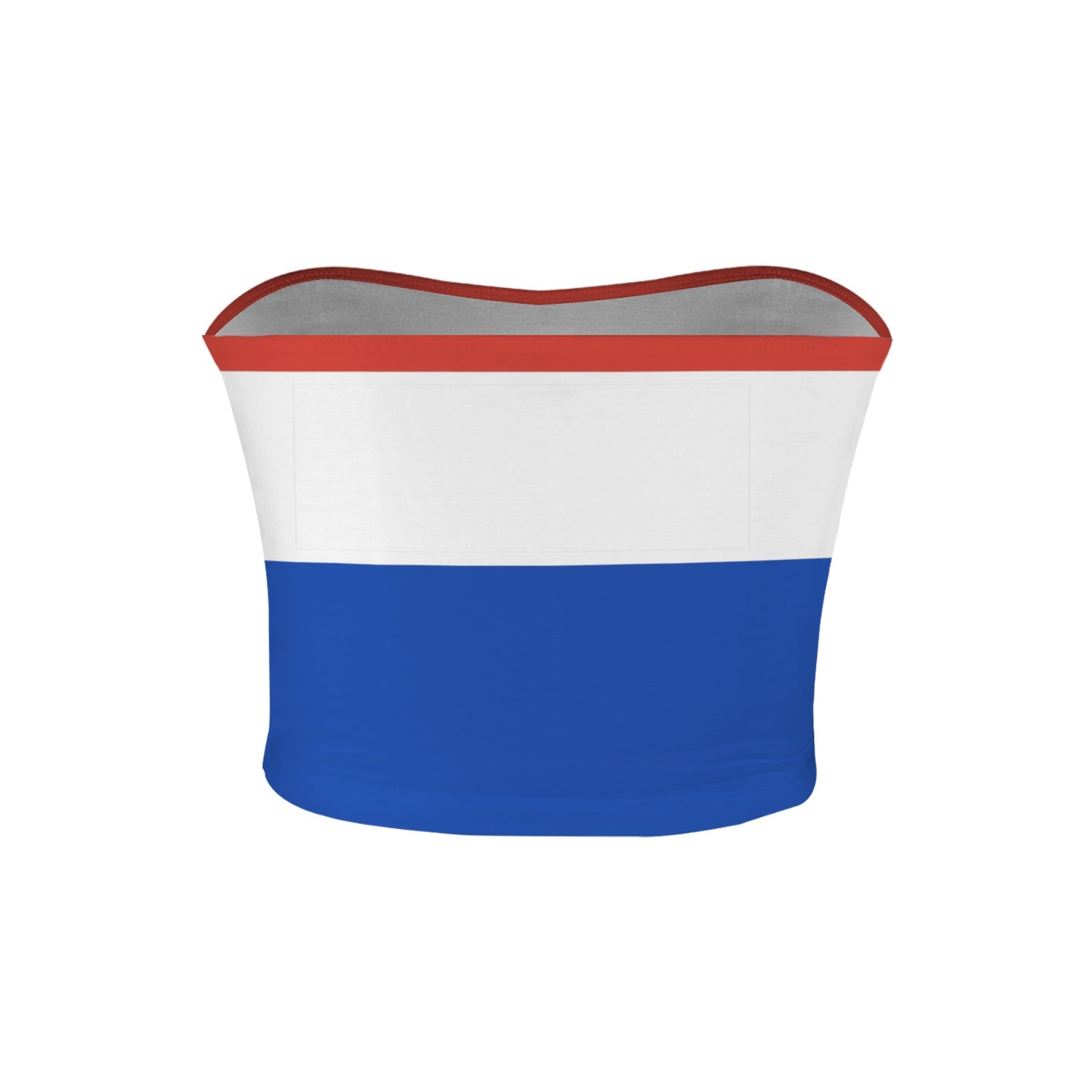 [Brand] strapless top with red, white, and blue stripes.