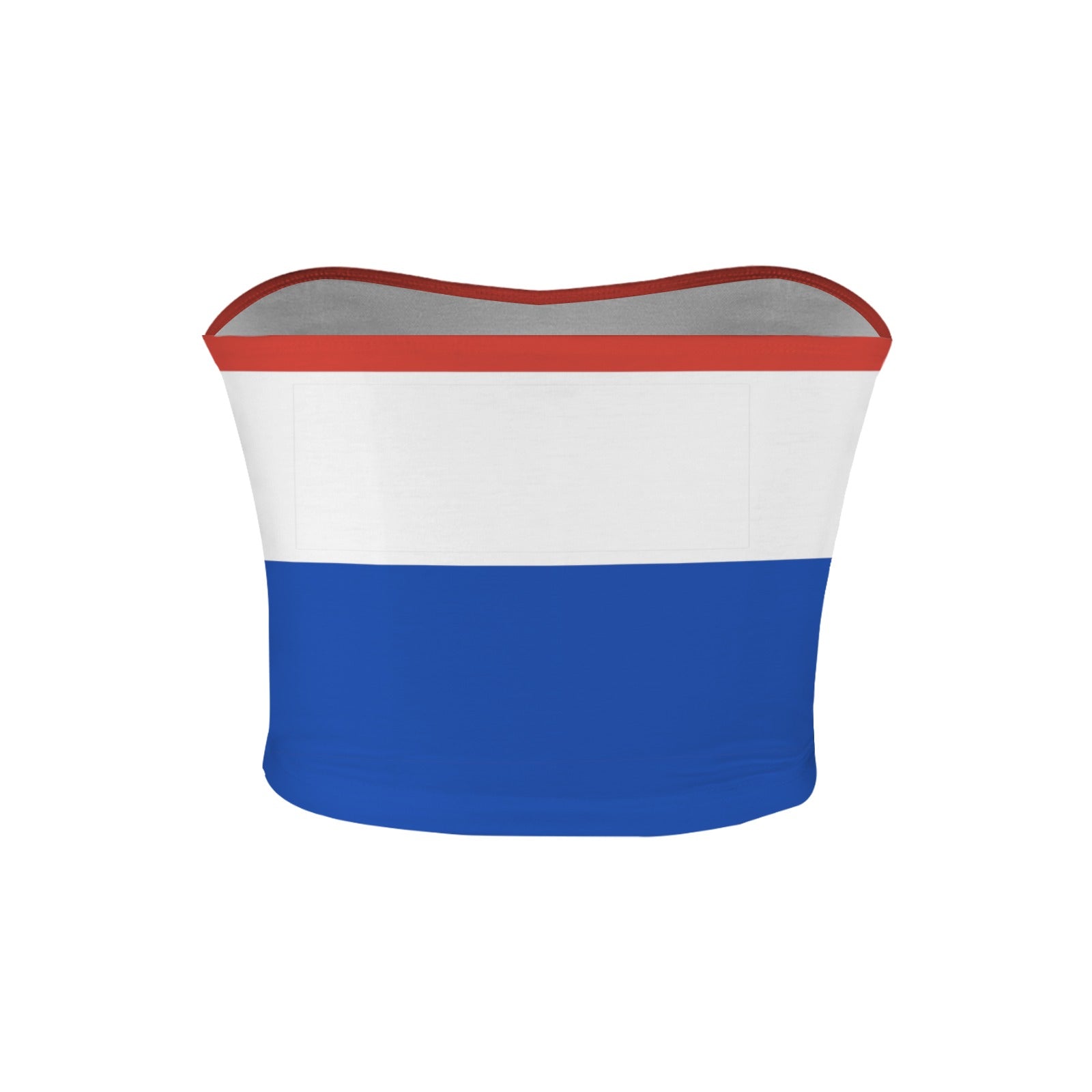 [Brand] strapless top with red, white, and blue stripes.
