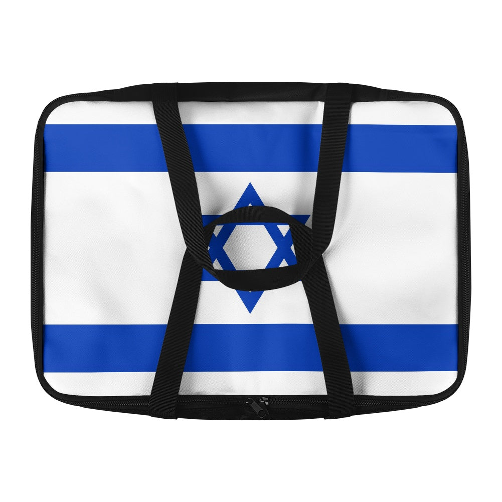 "Brand suitcase displaying Israel flag design with black handles."