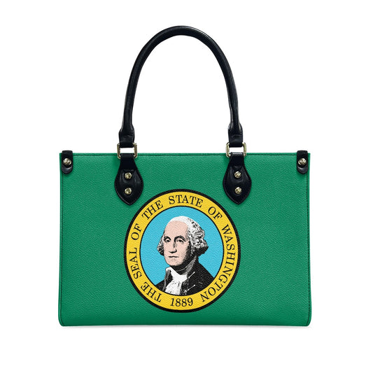 Green handbag featuring Washington State seal, by [Brand].