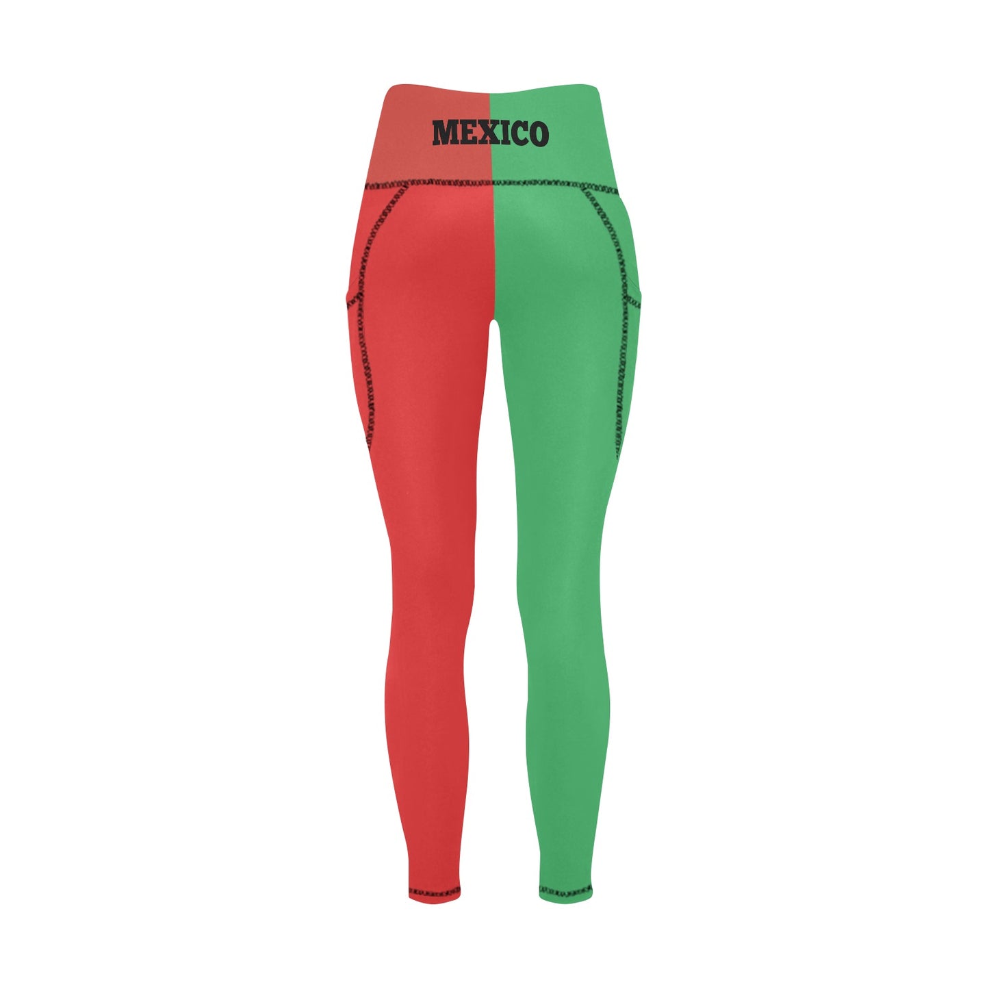 The back side of red and green leggings with 'MEXICO' text on a white background