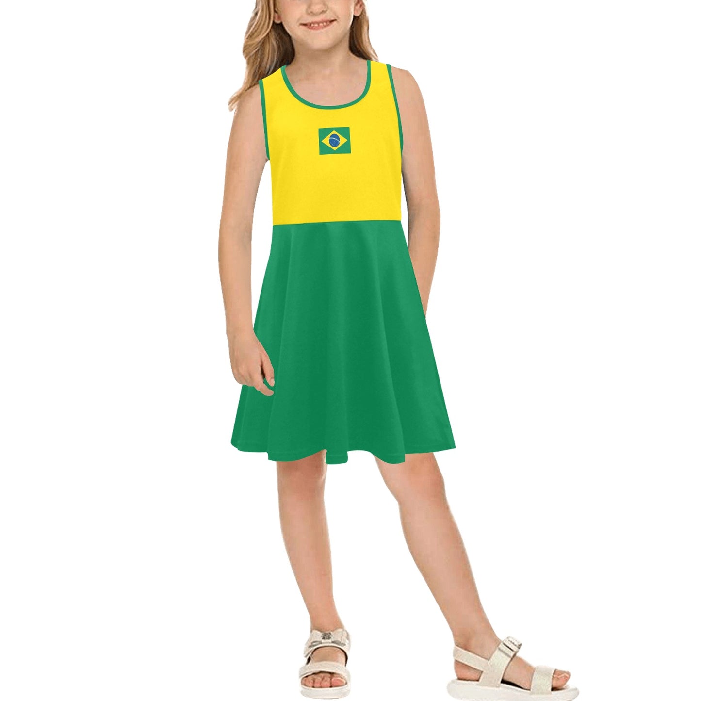 Brazil Flag Inspired Style-2 Girls' Sleeveless Sundress | Ships from USA