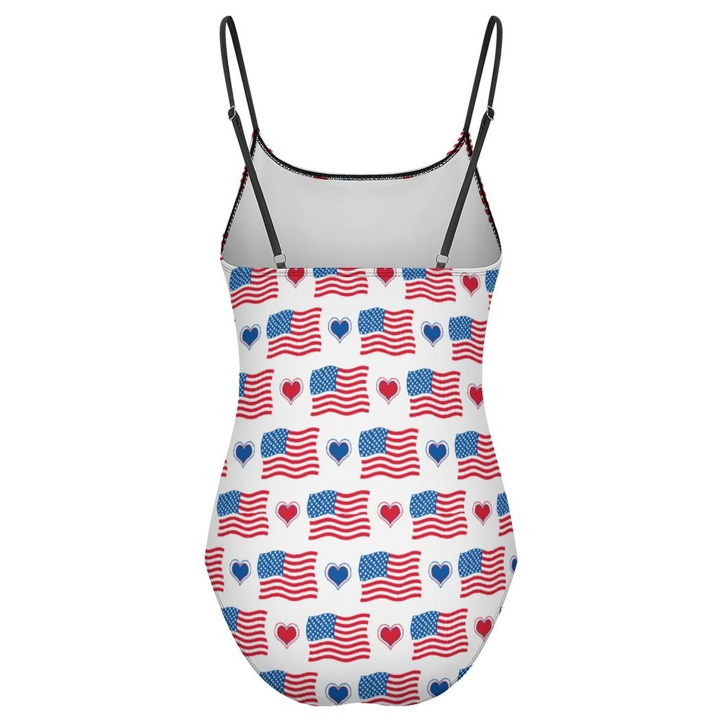 USA/American Flag Inspired Flag and Hearts & Flags Pattern Women's Square Neck Mesh Spliced One Piece Swimsuit