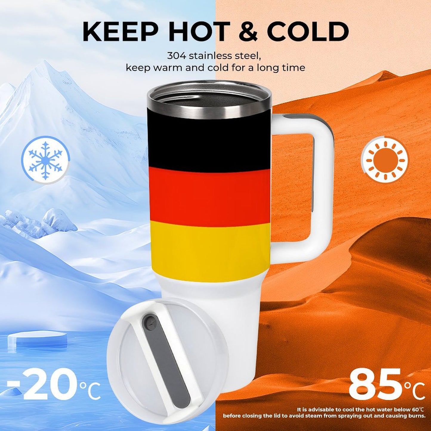 [Brand] insulated mug, Germany flag design, suitable for hot, cold.