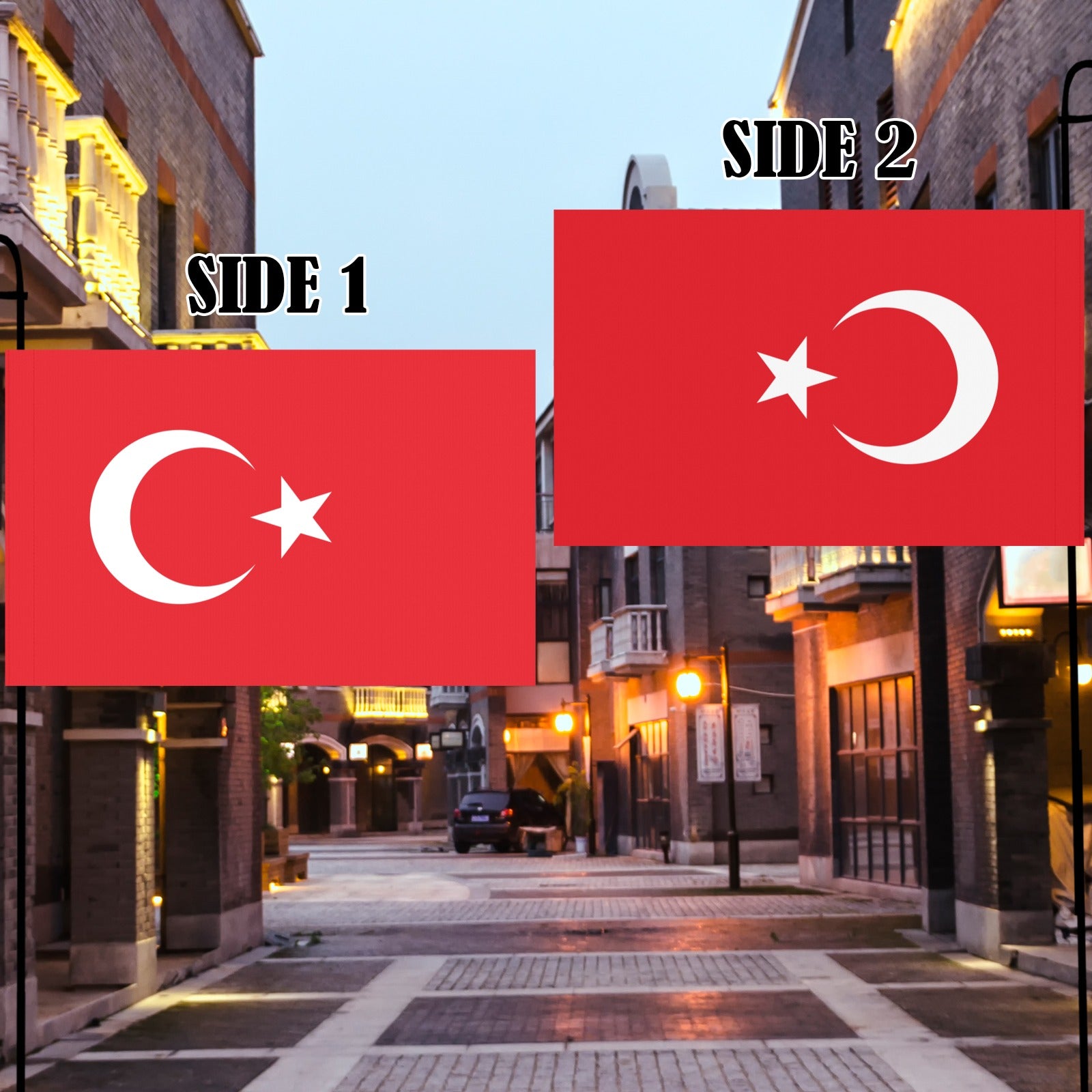 Luv My Flag double-sided Turkish flag on urban street.