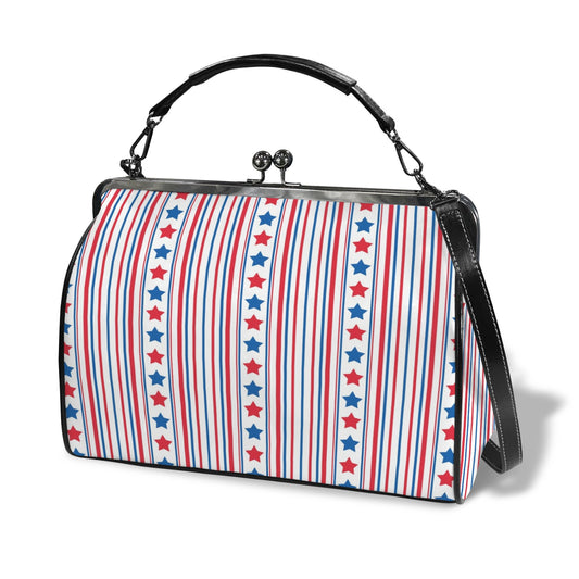 USA/American Flag Inspired Stars & Stripes Pattern Kisslock Crossbody Shoulder Bag-Large