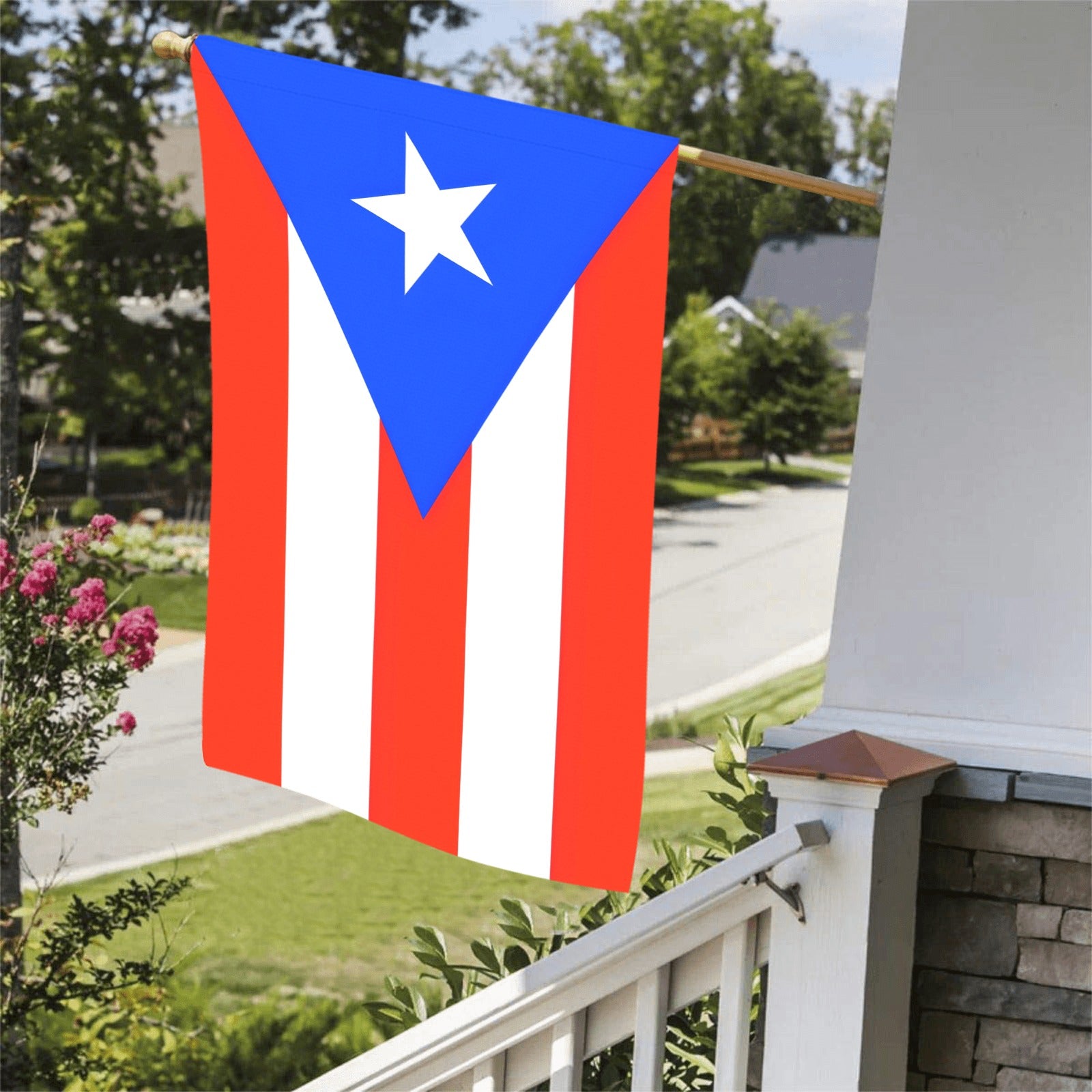 [Luv My Flag] Puerto Rican flag displayed on porch railing.