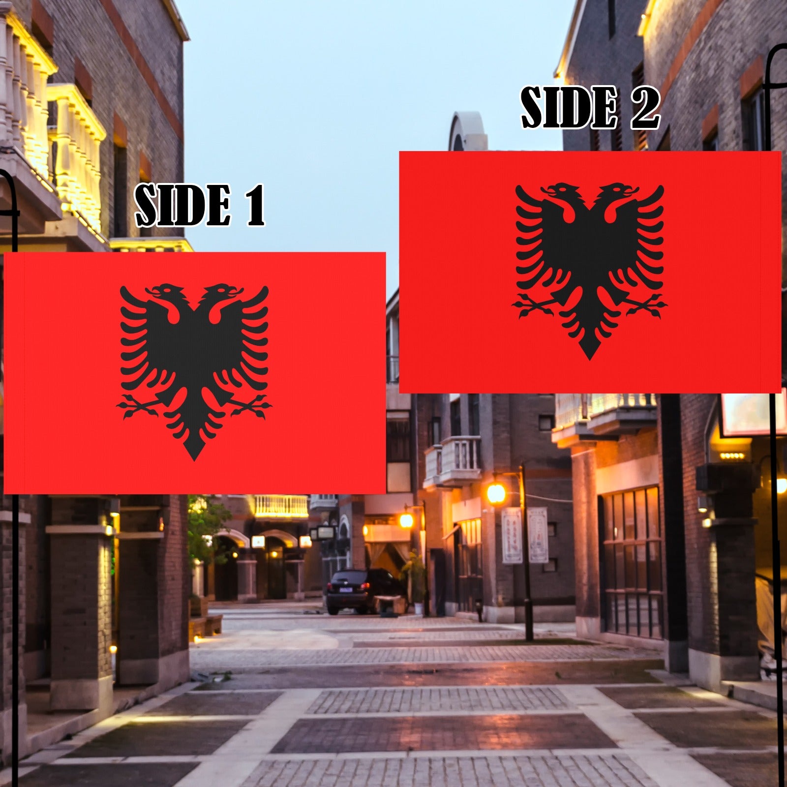 [Luv My Flag] features double-sided Albanian flag outdoors.