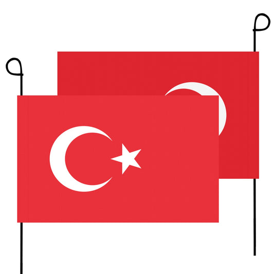 Two red Turkish flags with crescent, star, by Luv My Flag.