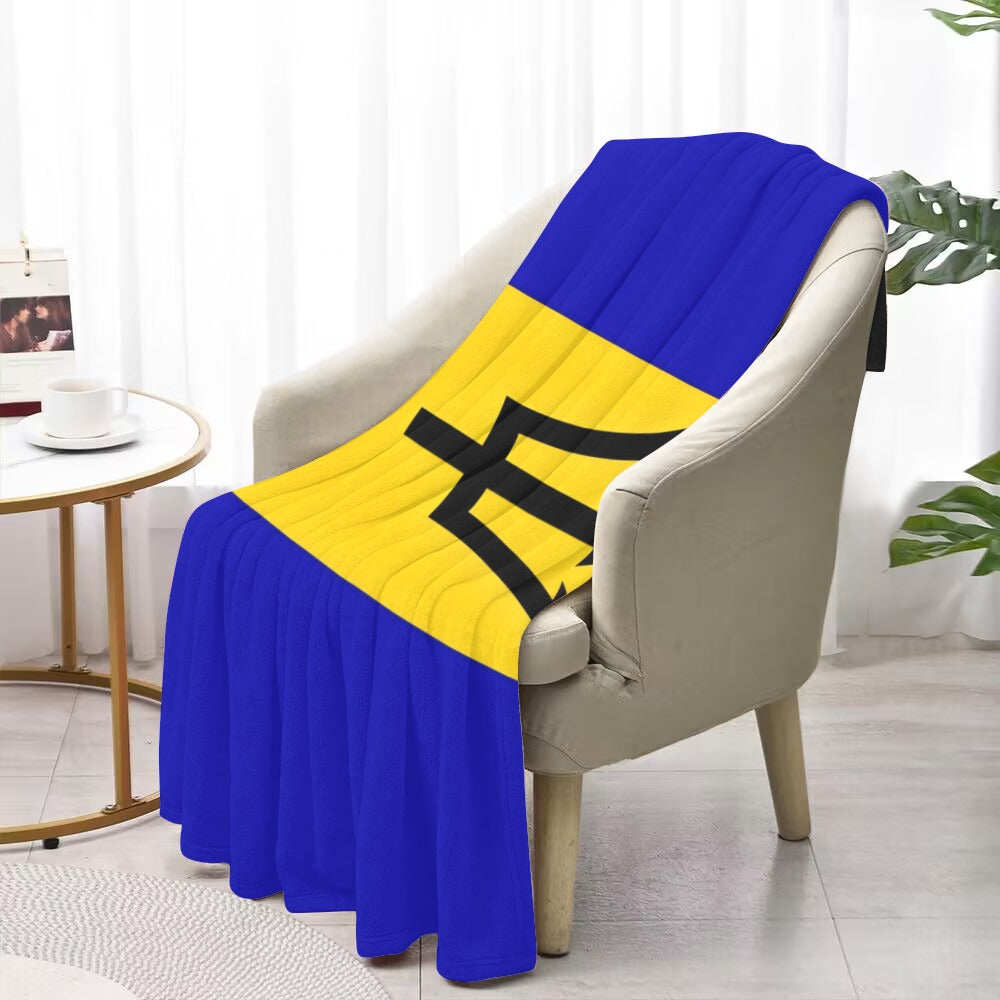 Blue and yellow [Luv My Flag] blanket on chair.