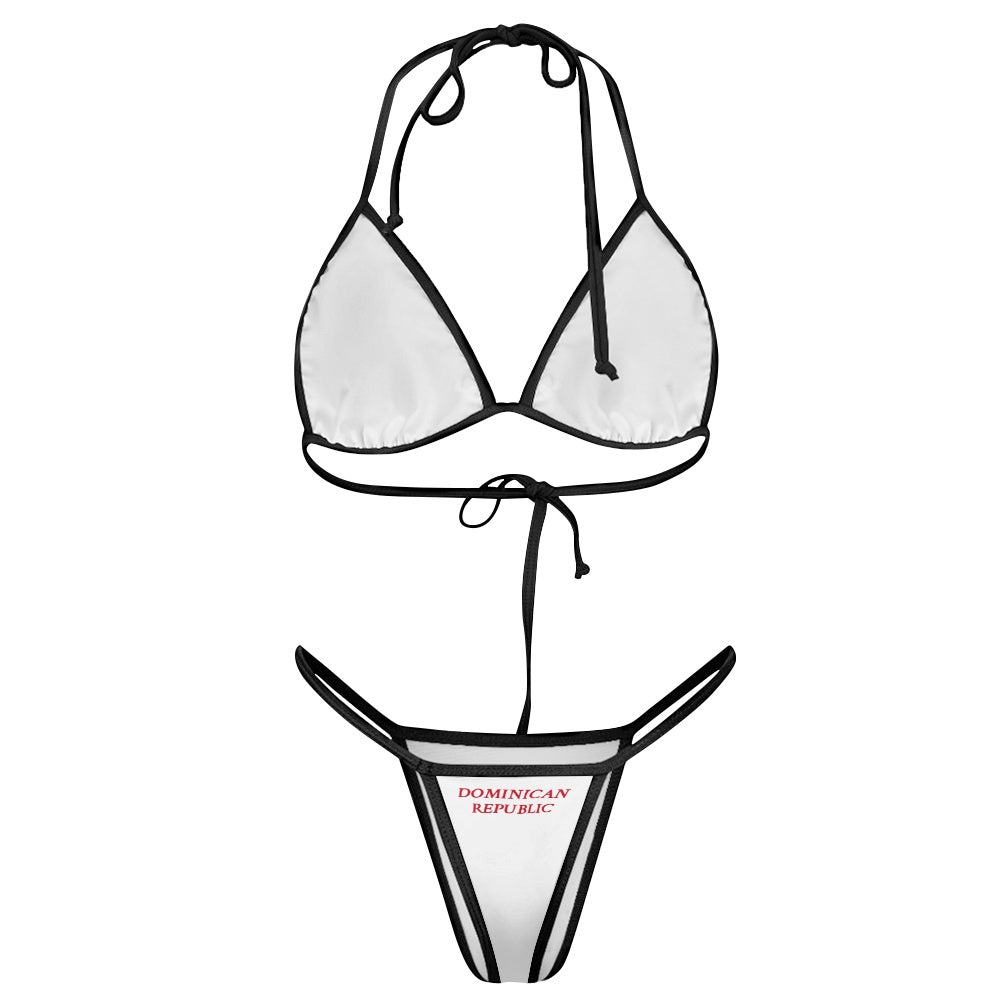 [Brand] white bikini with black trim, "Dominican Republic" text.