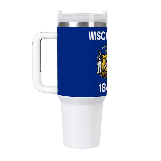 A [Brand] travel mug featuring the Wisconsin state flag.