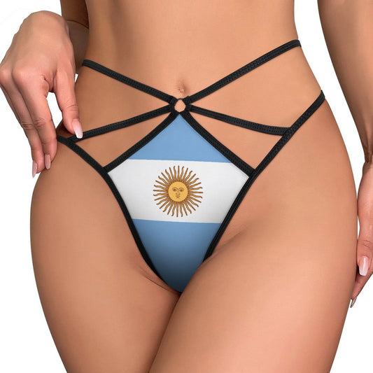 [Brand] strappy lingerie featuring Argentine flag design, front view.