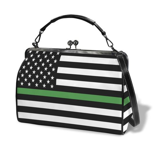 Thin Green Line Flag Inspired Kisslock Crossbody Shoulder Bag-Large