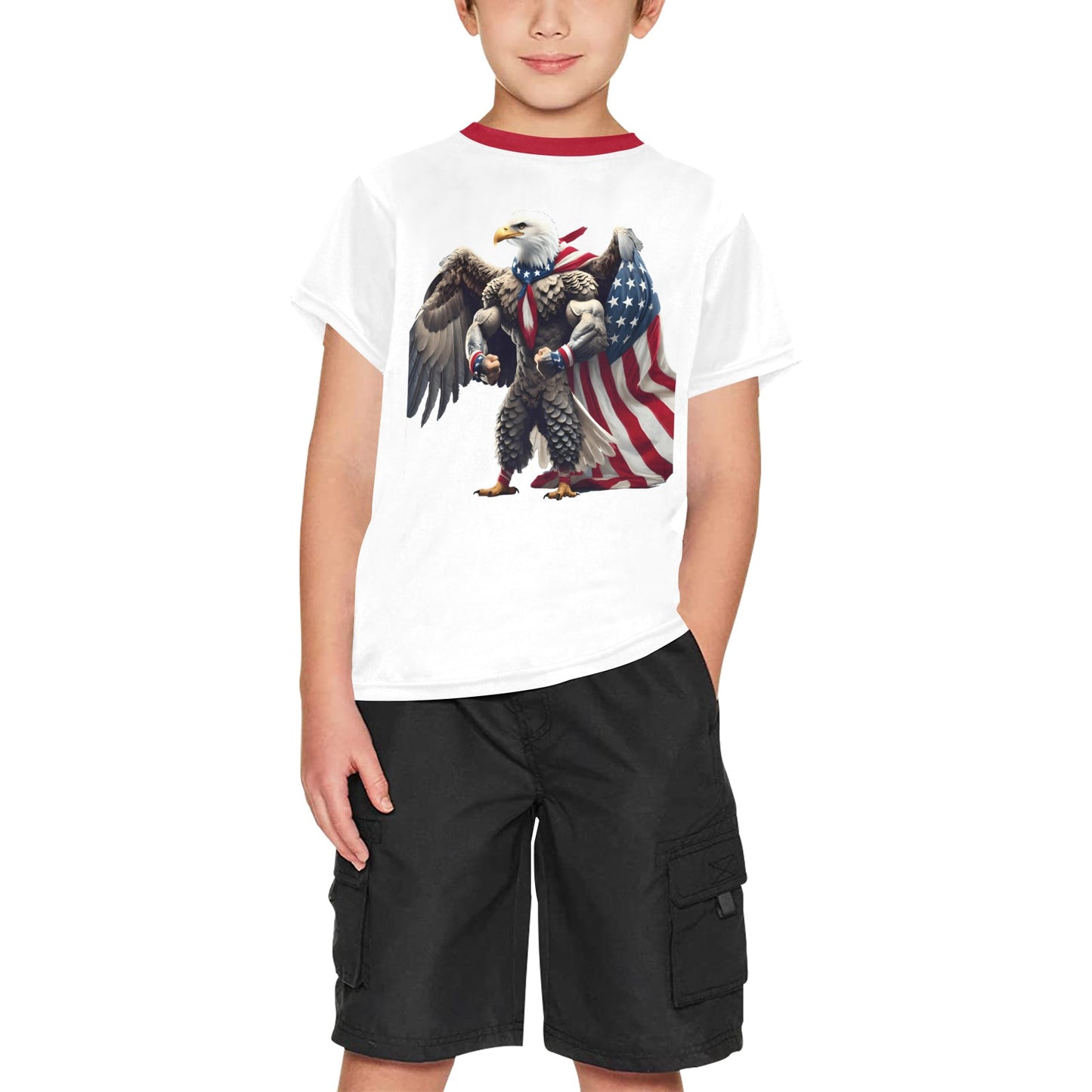 USA/American Flag Eagle with Cape Boys Crew Neck T-Shirt Made in the USA