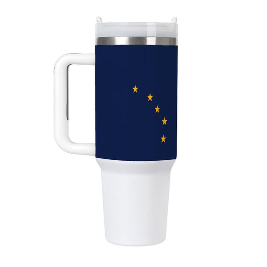 [Brand] travel mug with Alaska flag design, white handle.