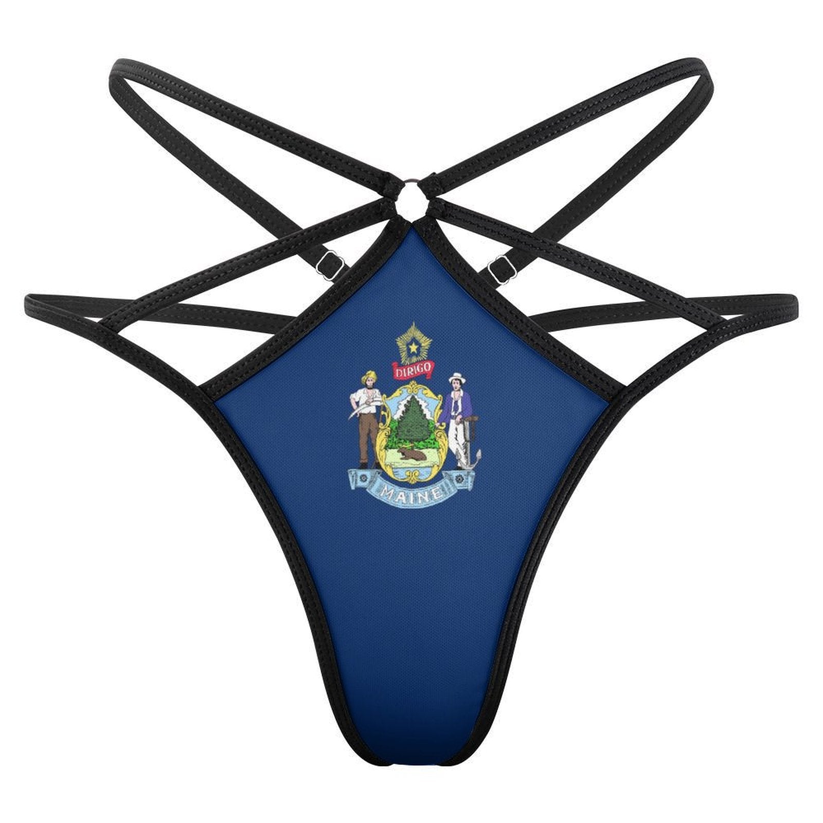 [Brand] strappy blue thong with Maine state flag design.
