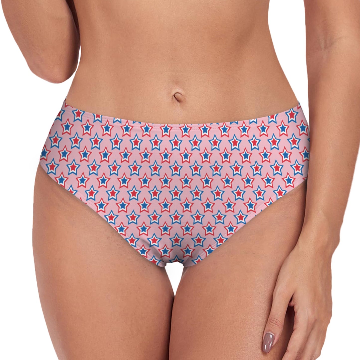 USA:American Flag Inspired Red, White & Blue Stars Pink High-Waisted Bikini Bottom