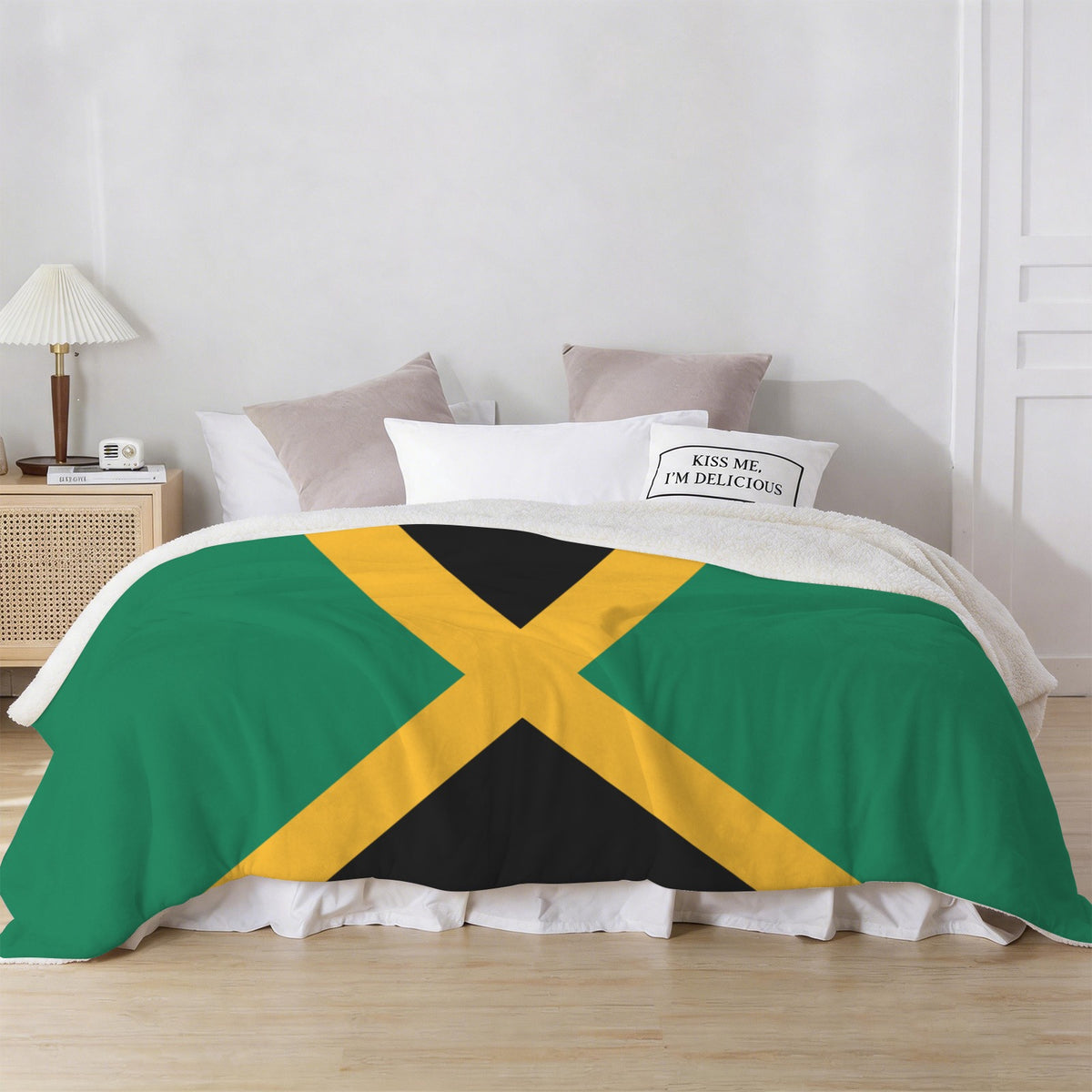 Jamaica Flag Inspired Sherpa Fleece Blanket 90" x 108" | Prtinted in the USA