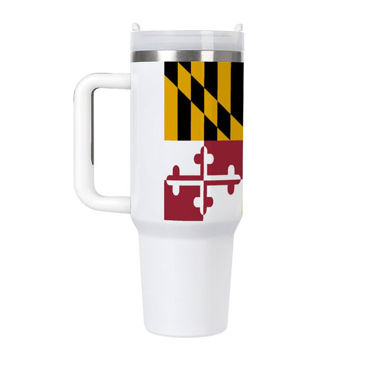 [Brand] travel mug featuring Maryland flag on white exterior.