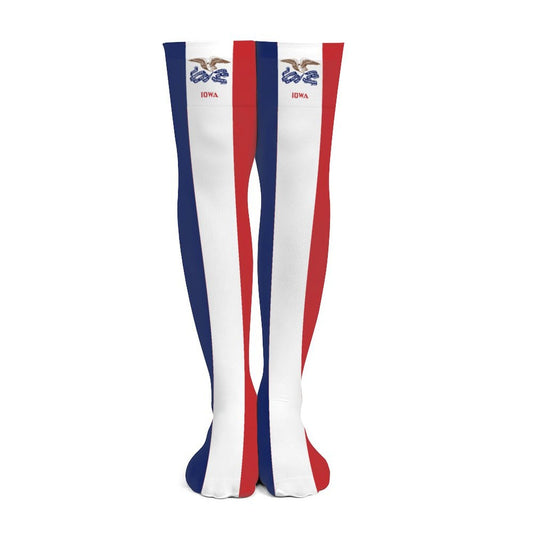 [Brand] knee-high socks with Iowa flag vertical stripes.