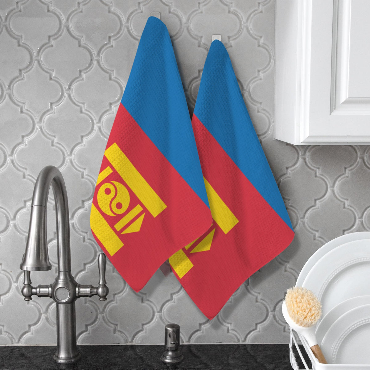 Mongolia Flag Inspired Kitchen Towel 40X60cm (Pack of 2) | Printed In the USA