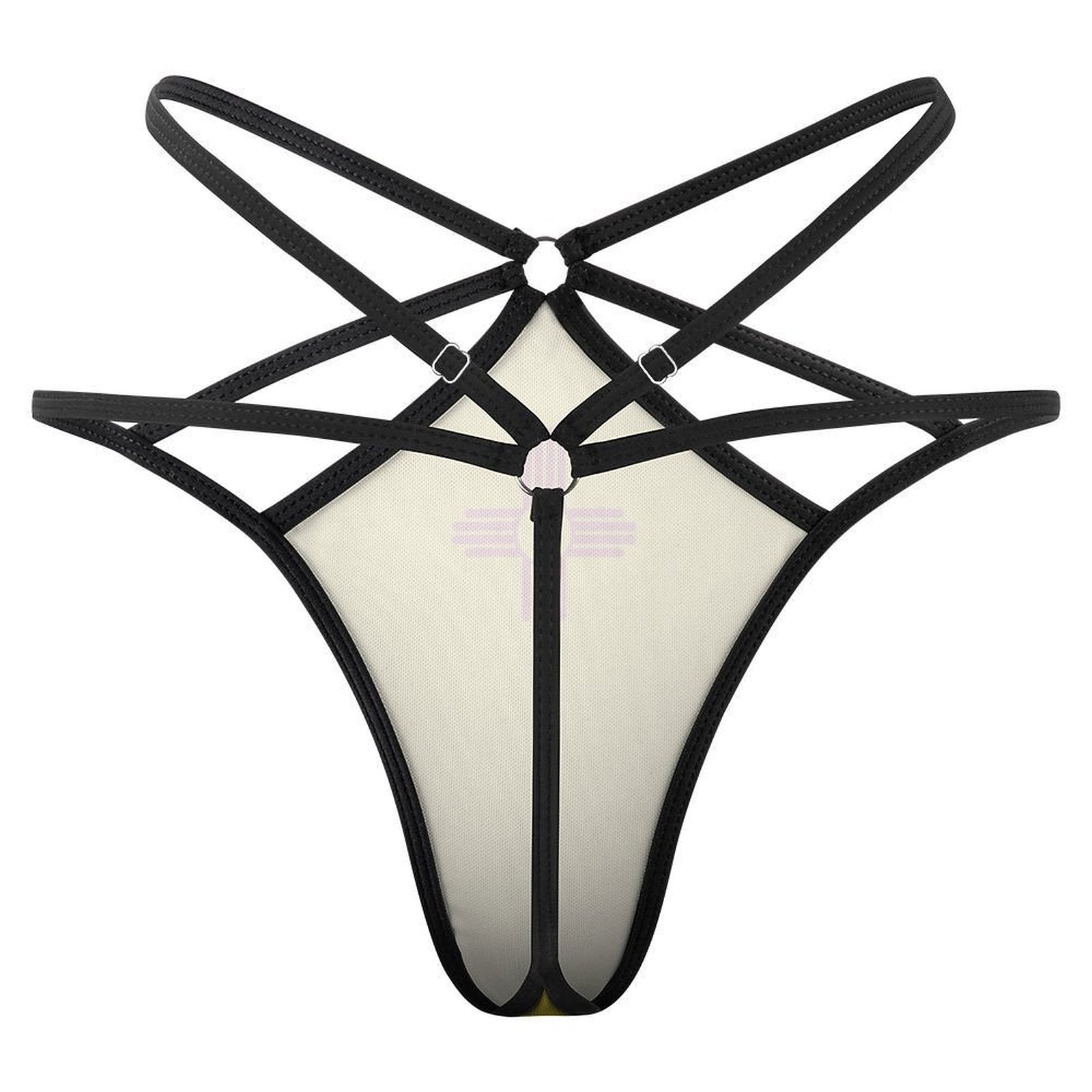 Black strappy thong by [Brand] with intricate geometric design.