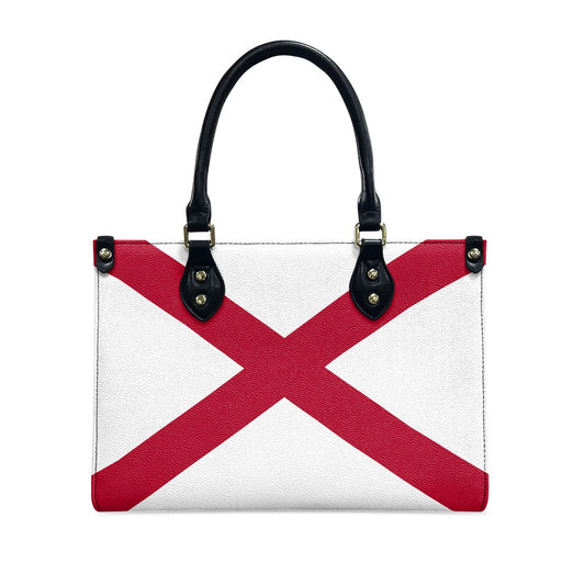 [Brand] handbag featuring bold red cross design, black handles.