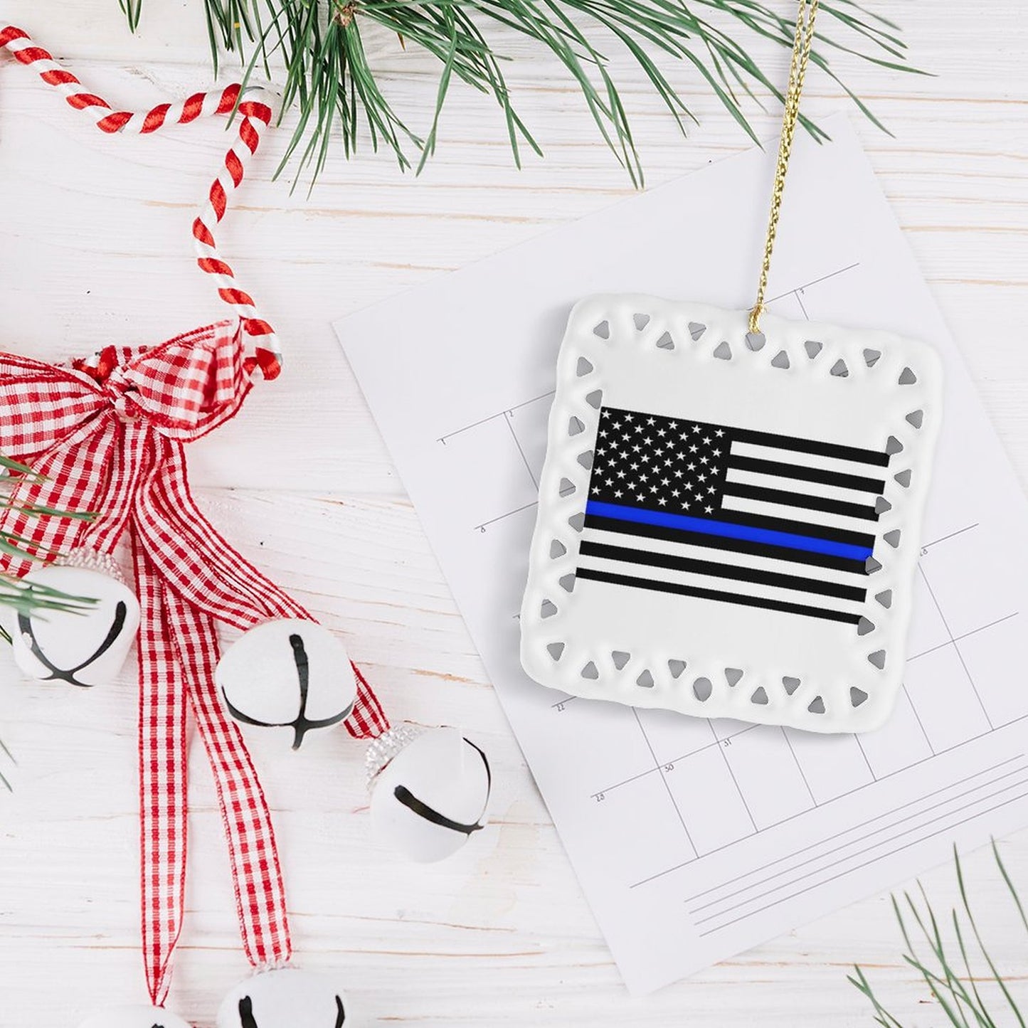 Thin Blue Line Flag Inspired Square Ceramic Ornament (Made in the  USA)