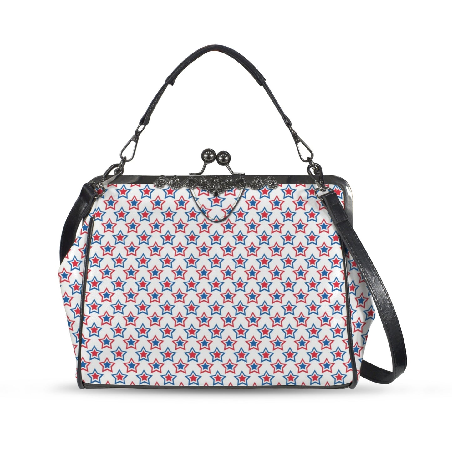 USA/American Flag Inspired Red, White & Blue Stars Pattern Kisslock Crossbody Shoulder Bag