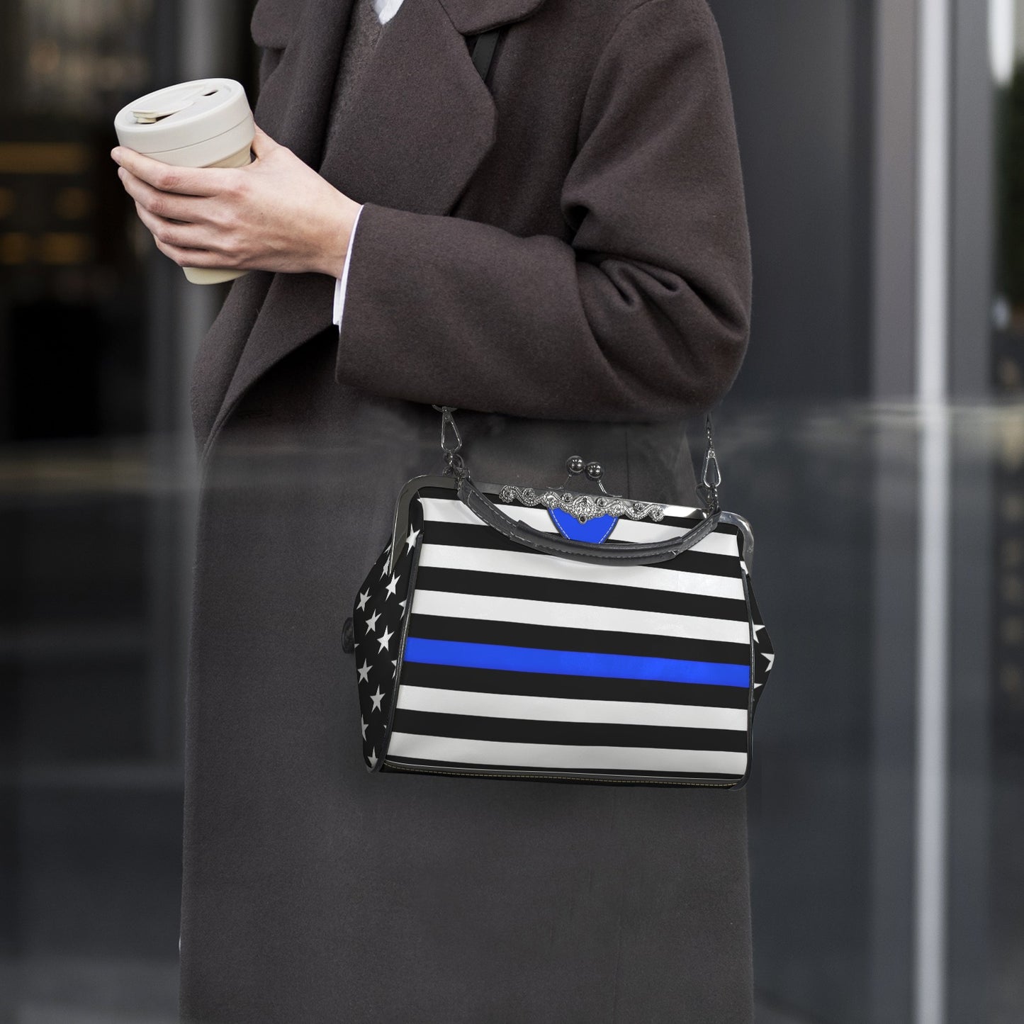 Thin Blue Line Flag Inspired Kisslock Crossbody Shoulder Bag