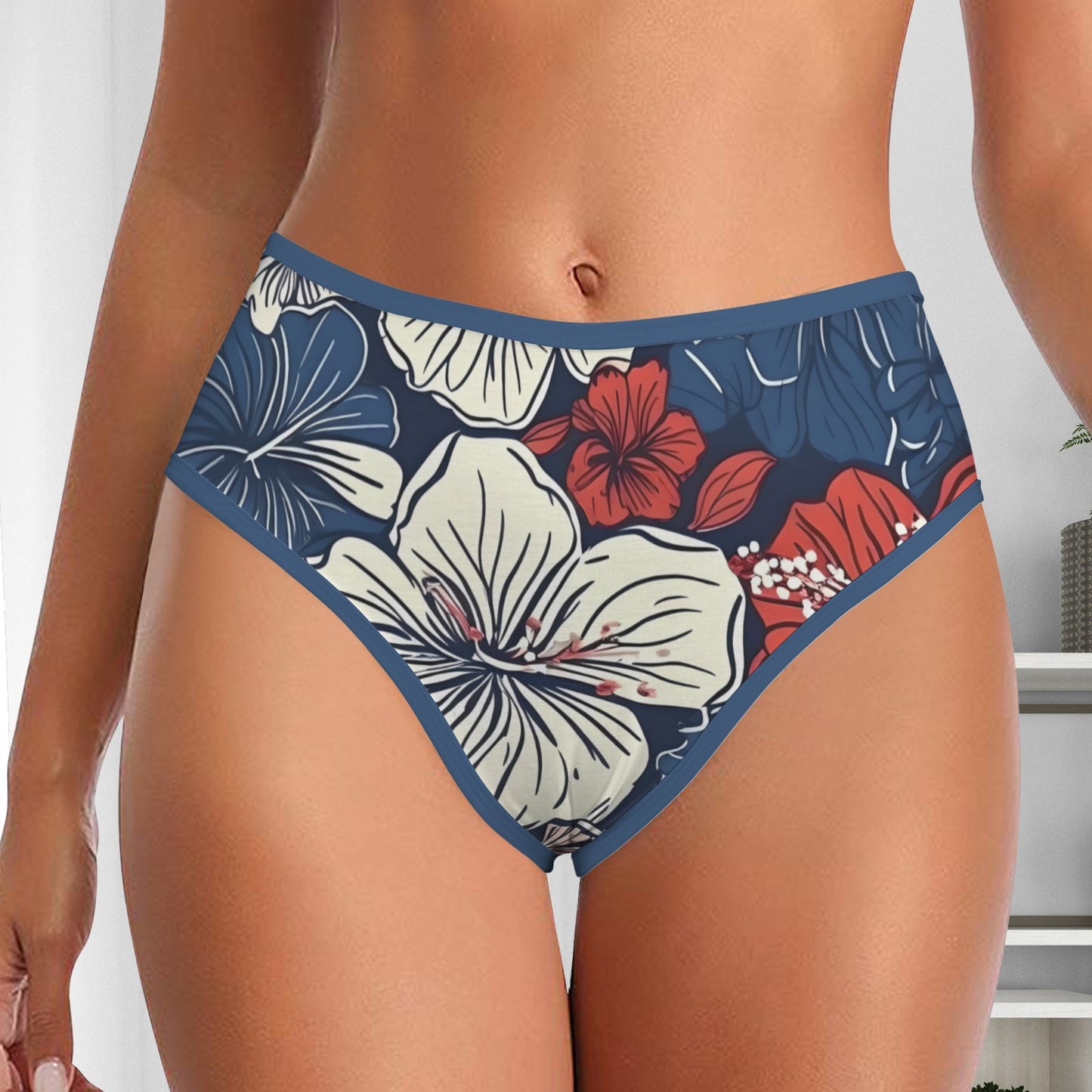 USA/American Flag Inspired Hawaiian Floral Pattern Women's High Waisted Brief