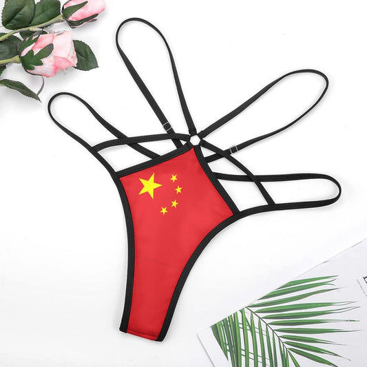 Black strappy lingerie with red China flag design. [Brand]