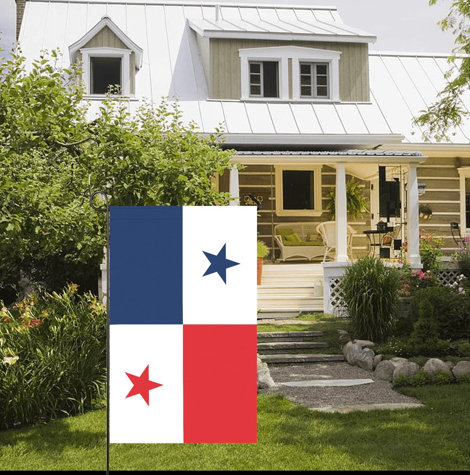 Charming house with [Luv My Flag] Panamanian flag displayed outside.