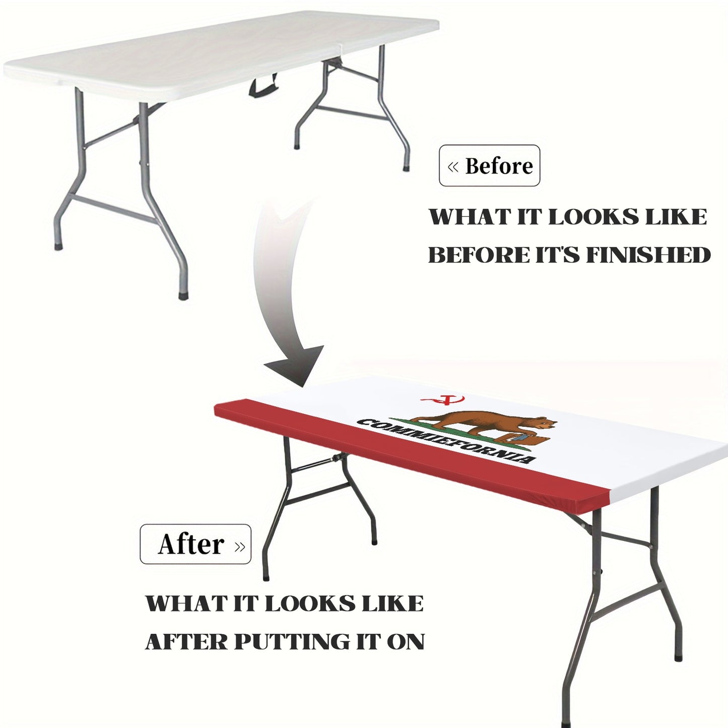 California Flag Inspired (COMMIEFORNIA) Custom Elastic Fitted Tablecloth 72x30 inch (Made in the USA)