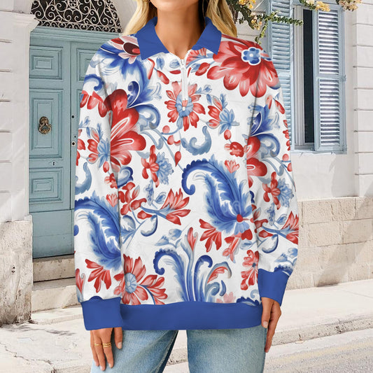 USA/American Flag Paisley Floral Pattern Women's Quarter Zip Pullover Sweatshirt
