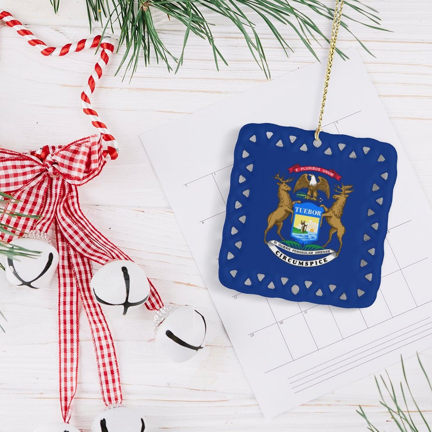 Michigan Flag Inspired Square Ceramic Ornament Made in the USA