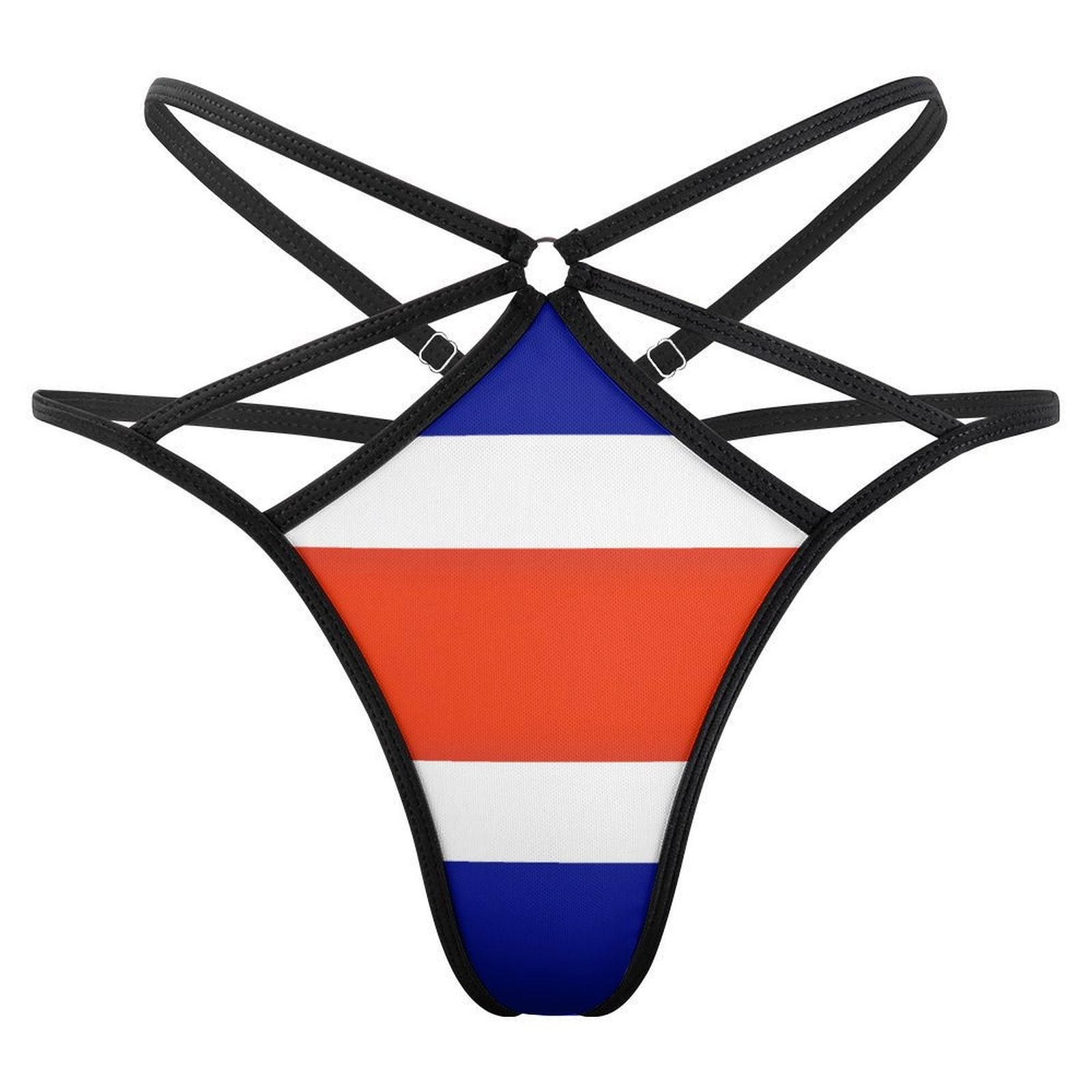 [Brand] strappy thong with red, white, blue stripes design.