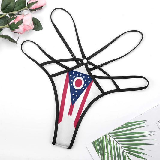 Black strappy thong with Ohio flag design by [Brand].