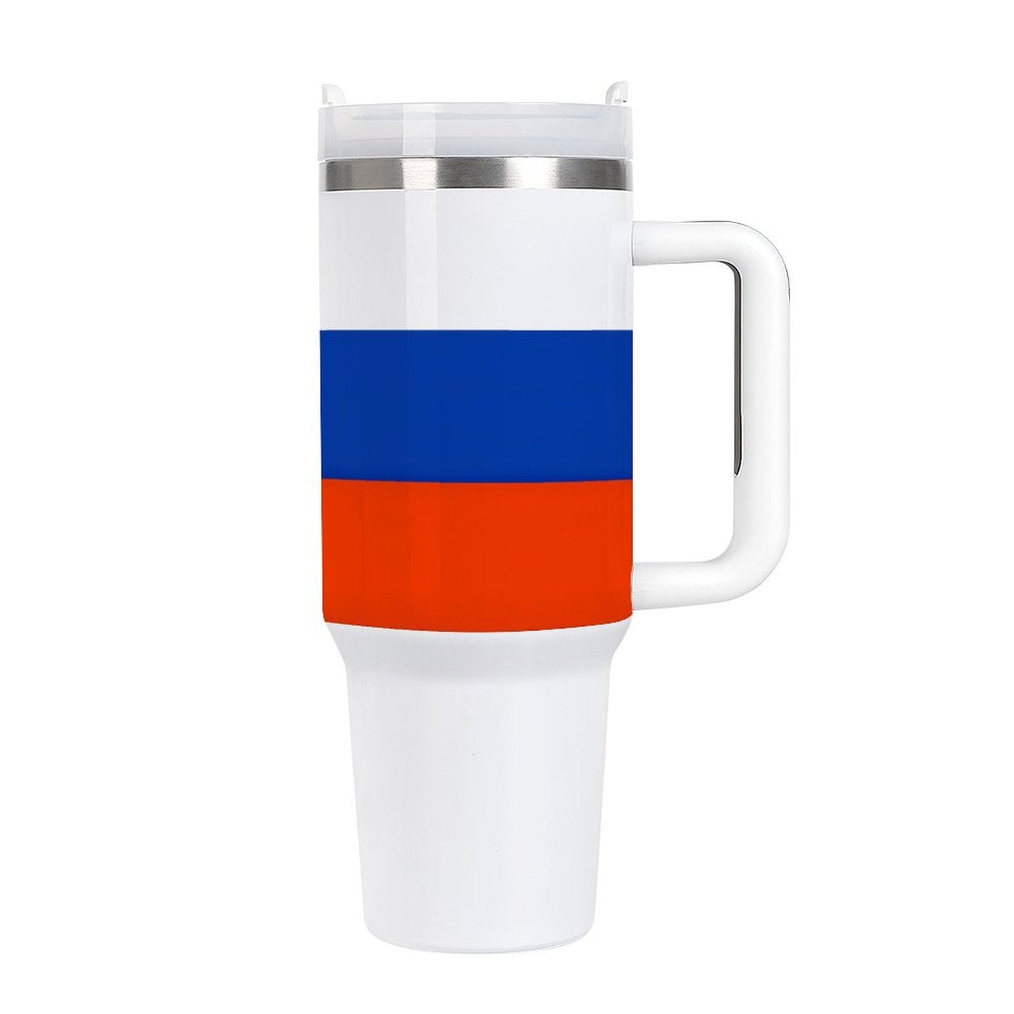 [Brand] travel mug with Russian flag design, white handle.