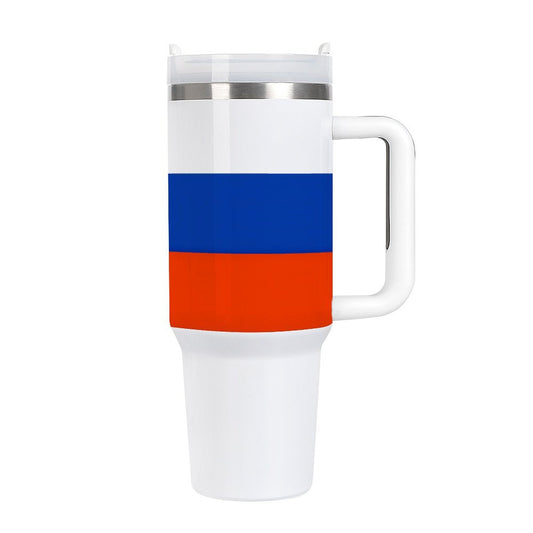 [Brand] travel mug with Russian flag design, white handle.