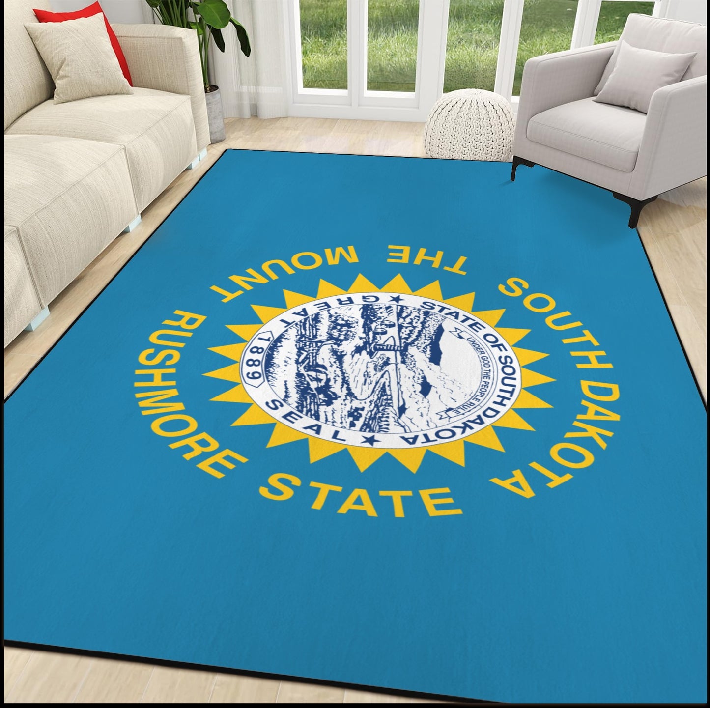 South Dakota Flag Inspired 84x60 Inch Area Rug with Black Binding (Made in the USA)