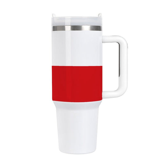 White and red travel mug with handle, [Brand].