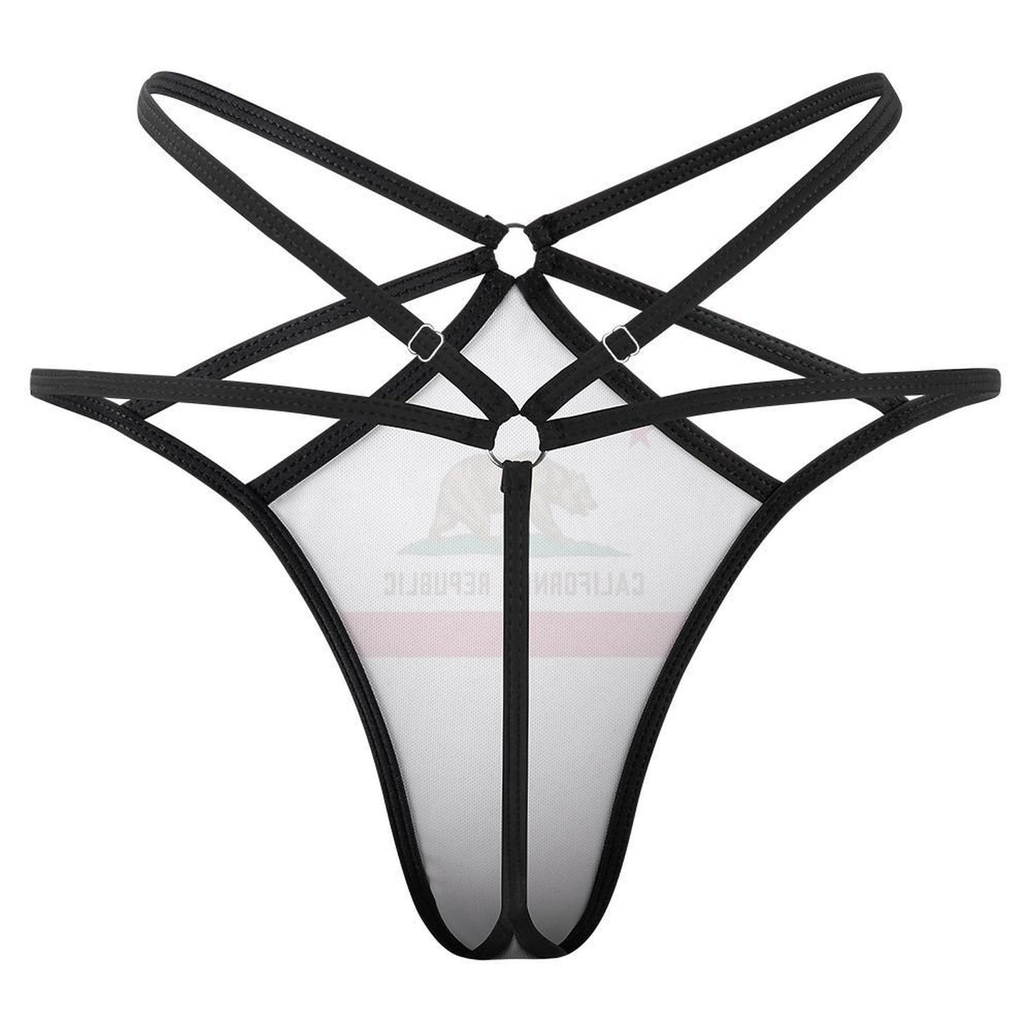 [Brand] black strappy lingerie with geometric design, front view.