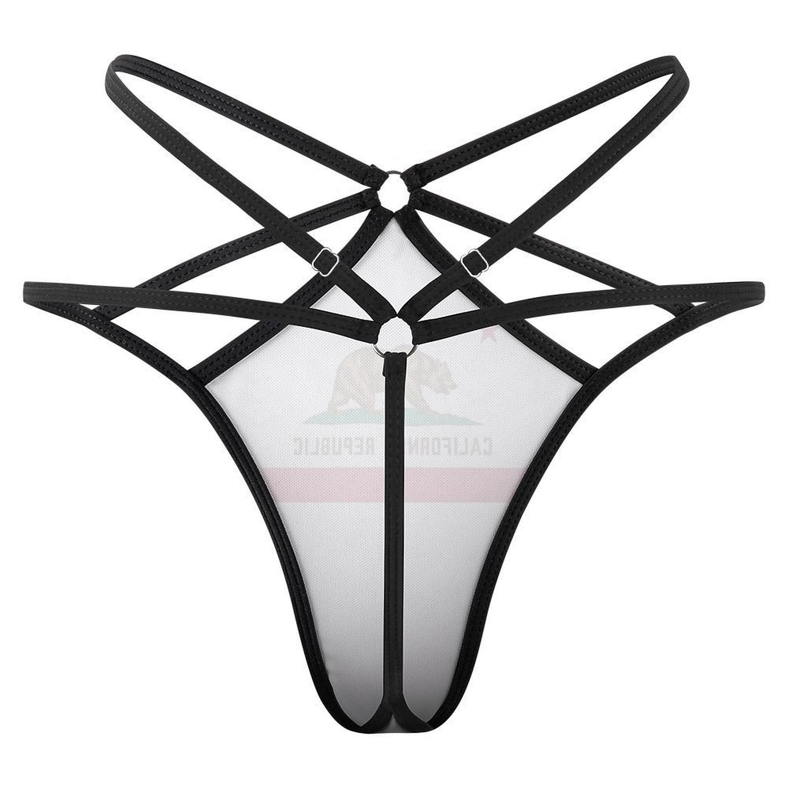 [Brand] black strappy lingerie with geometric design, front view.