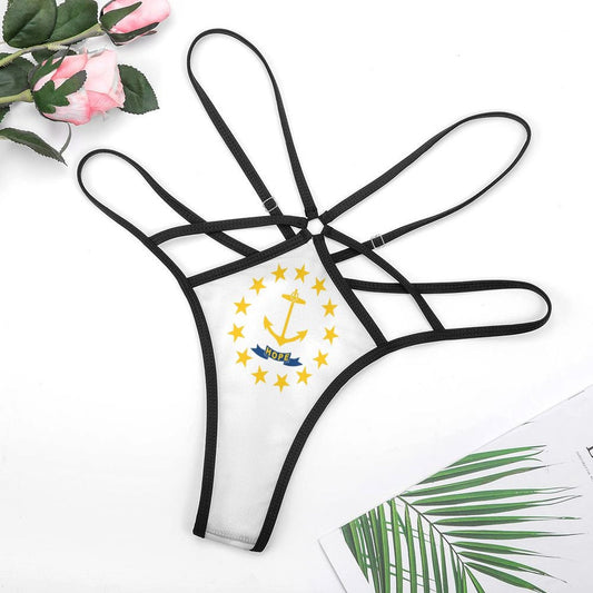 Black strappy thong with nautical anchor design, [Brand].