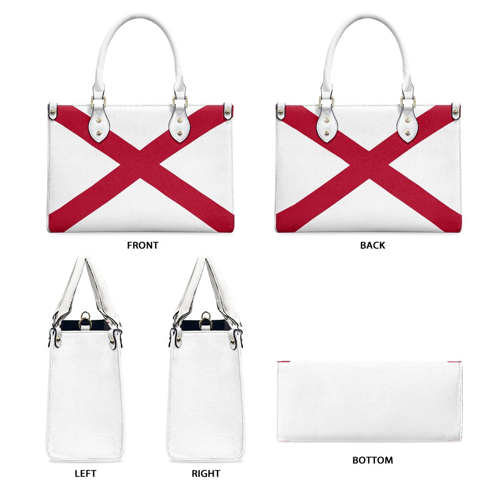 [Brand] handbag with red cross design, five views.
