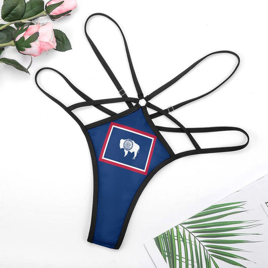 Black strappy bikini bottom with Wyoming flag design, [Brand].